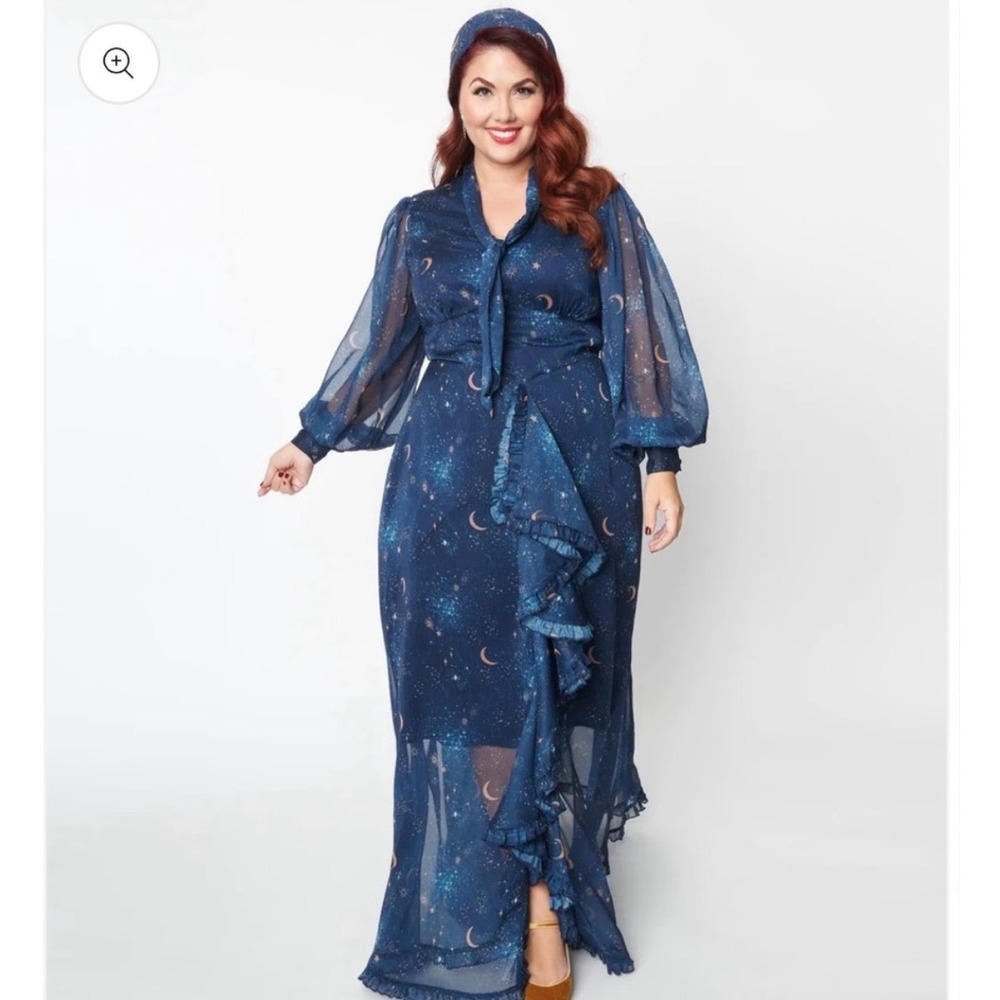 Unique Vintage Celestial Galaxy Maxi Dress Plus 3x Blue Boho 70s Festival Whimsy